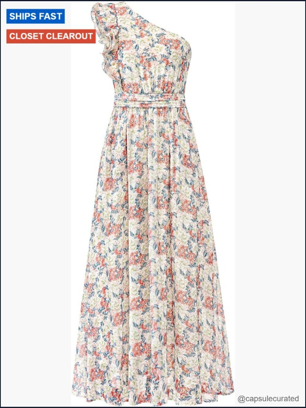 One Shoulder Floral Maxi Dress with Pockets Smocked Back